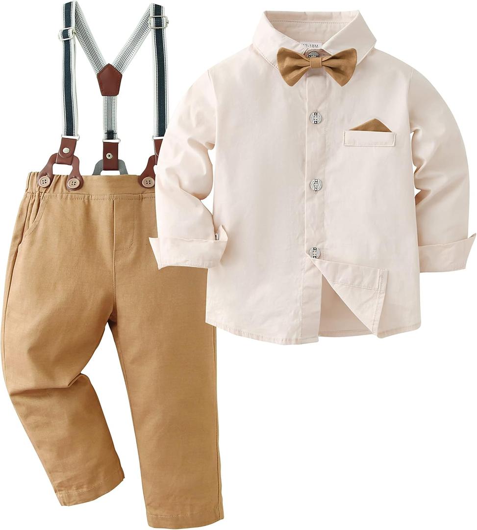 DISAUR Baby Boy Clothes Suits Toddler Dress Shirt With Bowtie Suspender Pants Outfit Sets Gentleman Wedding, Beige, 4-5T
