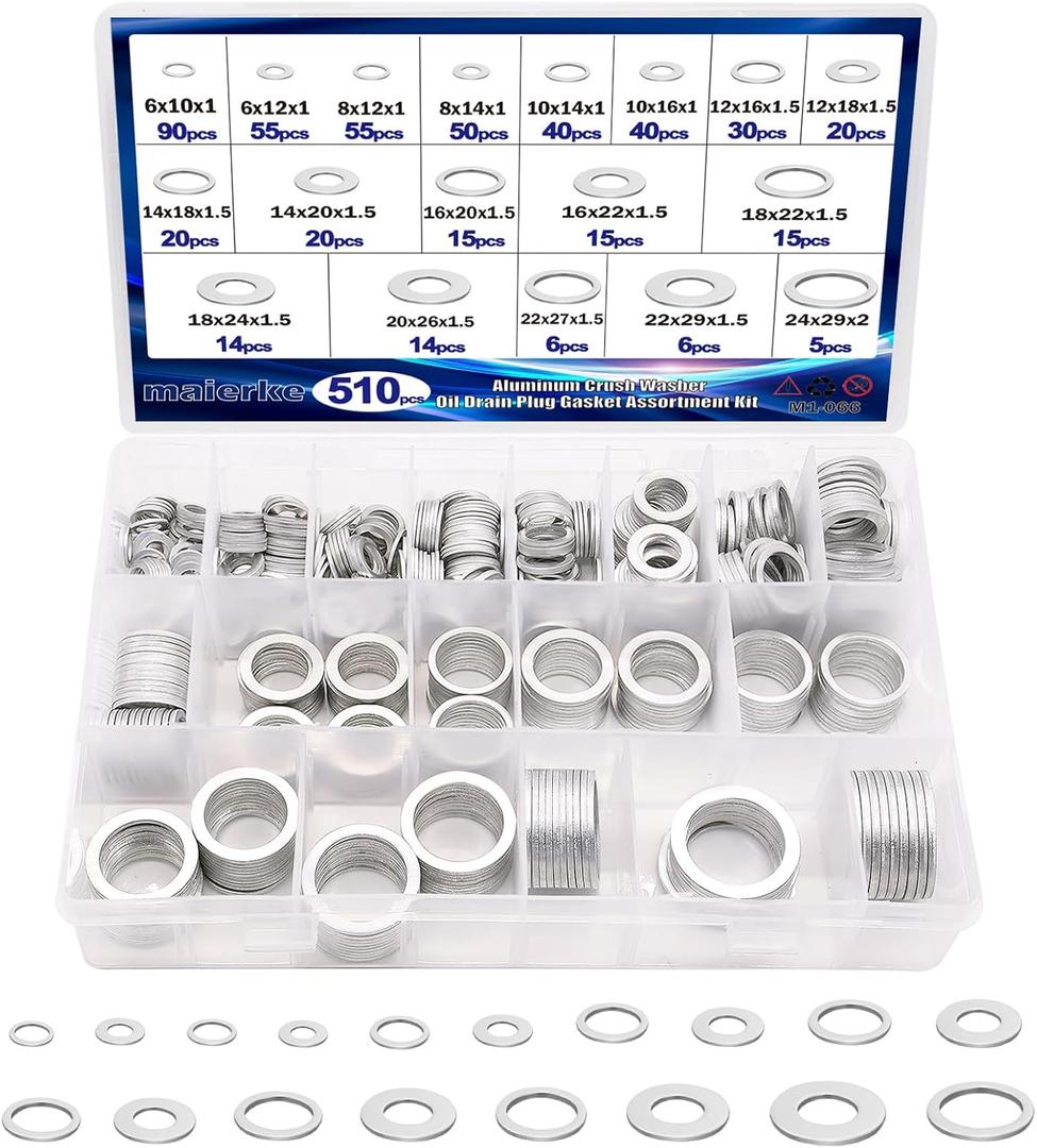 510PCS Crush Washer Oil Drain Plug,18 Sizes Aluminum Oil Drain Plug Gasket Assortment,Automotive Engine Crush Washers (M6 M8 M10 M12 M14 M16 M18 M20 M22 M24)