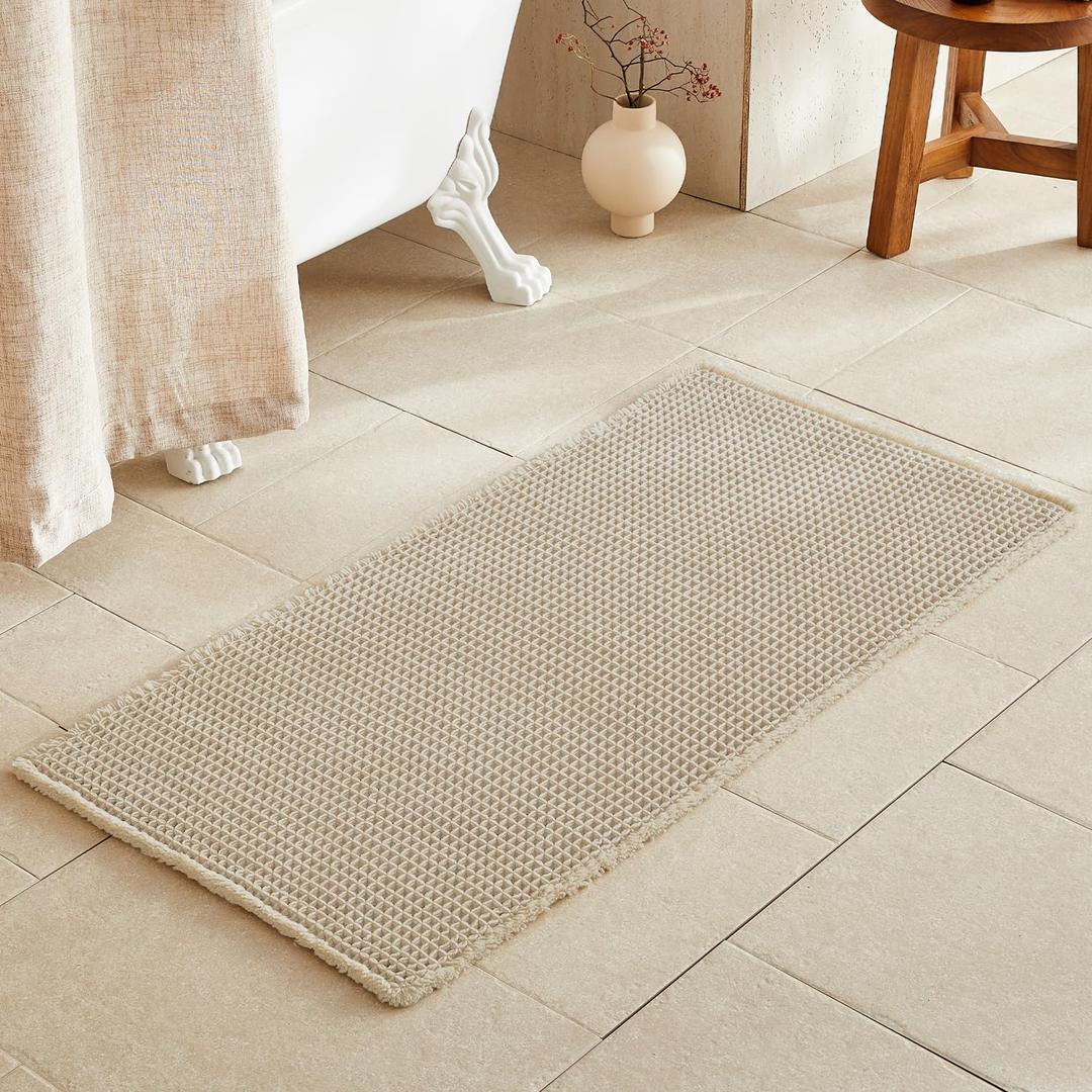Pale Beige Bathroom Rug, Waffle Bath Mat Non Slip Washable Super Absorbent Quick Dry Boho Farmhouse Bathroom Decor, 48''x24'' / 4'x2' Pale Beige