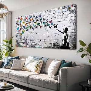 Colorful Graffiti Wall Art Funny Butterfly Paintings Banksy Street Art Mural Pop Art Home Office Wall Decor Framed Canvas Wall Decor for Living Room Ready to Hang - 40x20in