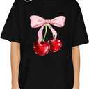 RoseSeek Girl's Graphic Tees Short Sleeve Crewneck T Shirts Casual Summer Tops Cute Preppy Clothes (Black)