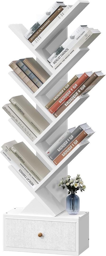 9 Tier Tree Book Shelf with Drawer, Floor Standing Bookshelf Storage Organizer Bookshelves for Books/CDs, 9 Shelf Narrow Bookcase for Sturdy Room, Bedroom, Living Room, White