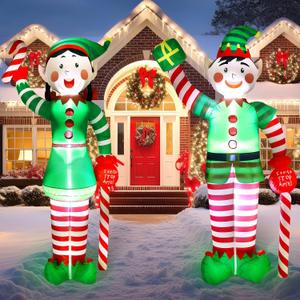 Bencailor 2 Pcs 8 ft Christmas Inflatables Elf Outdoor Decoration Christmas Blow up Yard Decoration Inflatables Elf Outdoor Decor Holding Candy Cane Built in LED Lights for Xmas Lawn Garden Holiday (Red,Green)