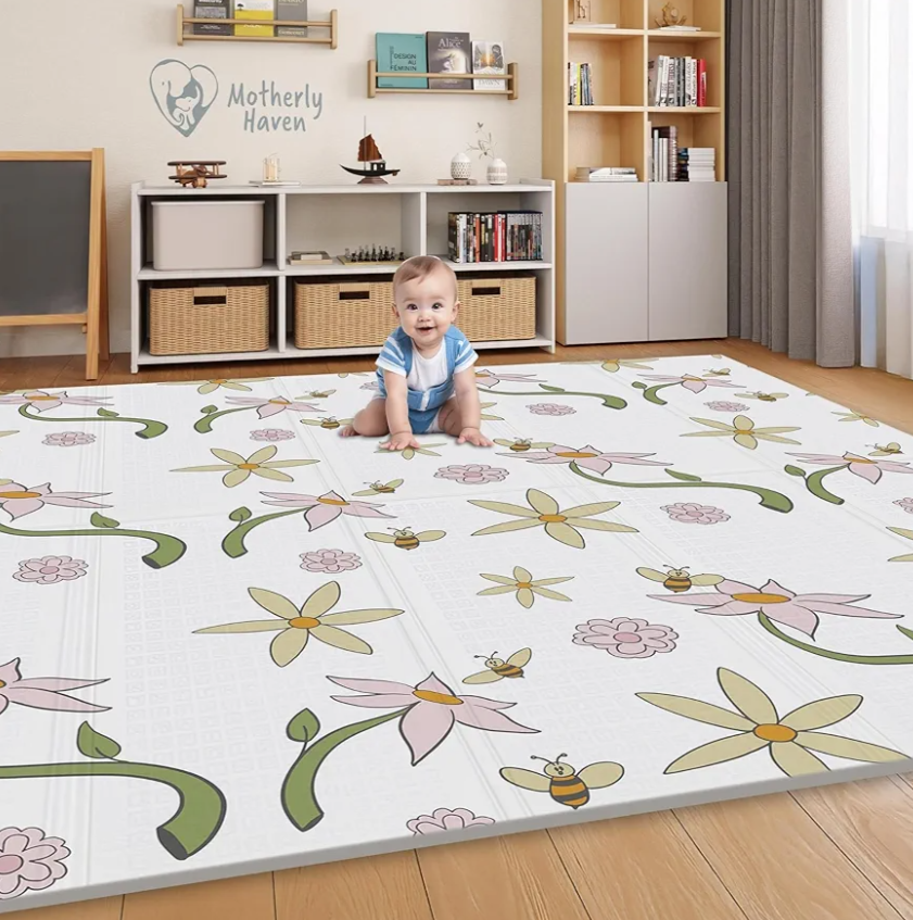 79x71 Foldable Baby Play Mat for Floor, Extra Large Reversible Foam Play Mat for Babies 6-12 Months, Waterproof Portable Foam PlayMat for Tummy Time for Toddler - Flower and Bees