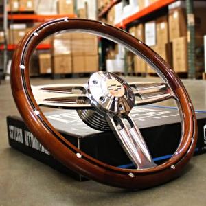 14" Inch Billet Polished & Wood Steering Wheel Bowtie Horn, 6 Hole, Passenger Car