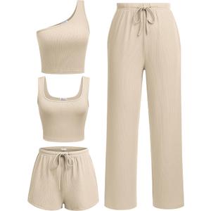 Ekouaer Womens 4 Piece Lounge Sets Ribbed Knit Crop Tank Top and Shorts Pants Casual Outfits (Small, Light Coffee)