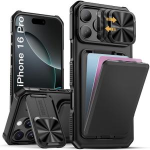 for iPhone 16 Pro Case with Card Holder & Kickstand & Slide Camera Lens Cover, Silicone Edge Rugged Shockproof Protective Phone Case Cover for iPhone 16 Pro 6.3'' 2024, Black