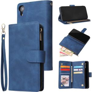 UEEBAI Wallet Case for iPhone XR, Premium Vintage PU Leather Magnetic Closure Handbag Zipper Pocket Case Kickstand Card Holder Slots with Wrist Strap TPU Shockproof Flip Cover - Blue