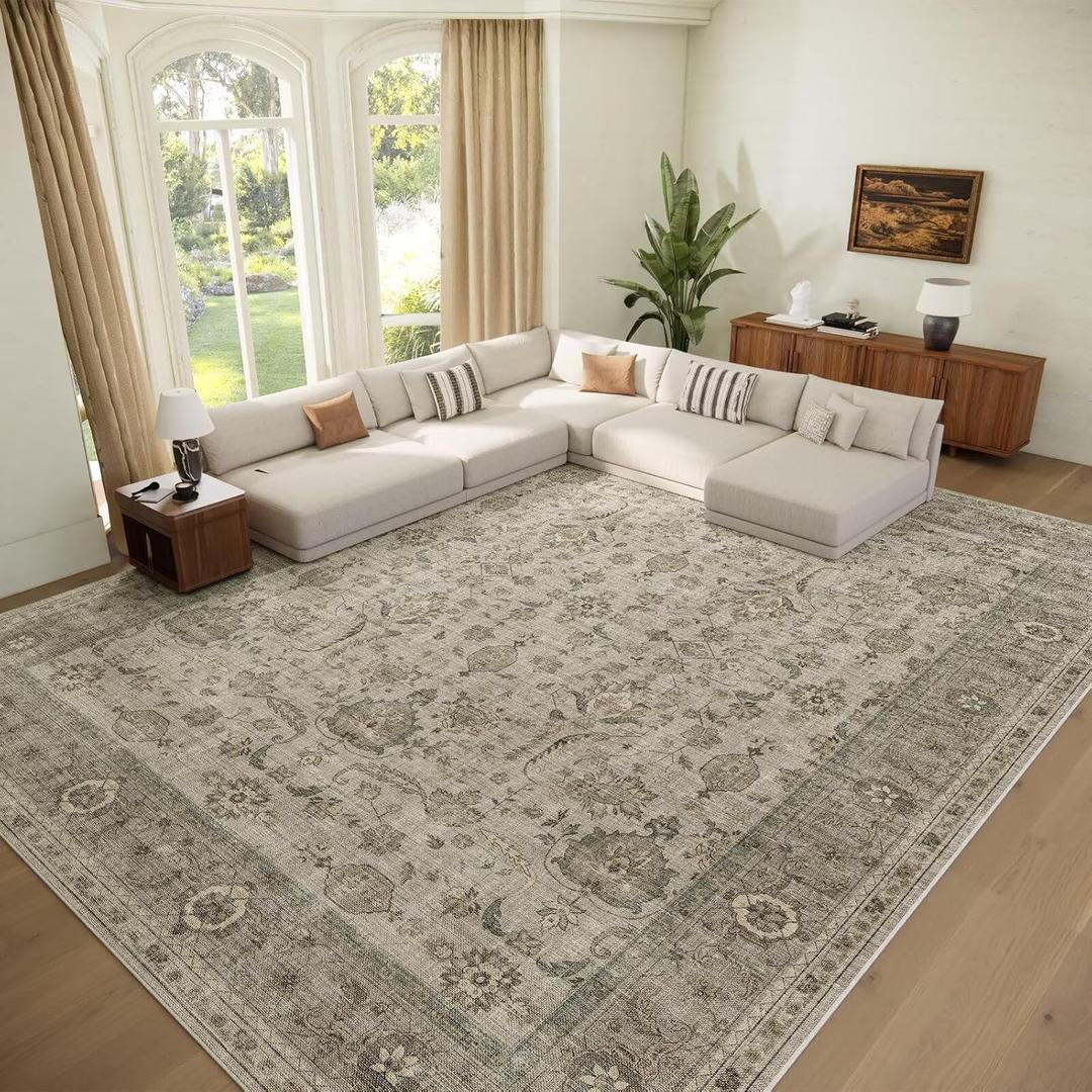 Washable 10x14 Area Rugs for Living Room, Boho Non-Slip Vintage Distress Large Rugs for Bedroom Dining Room Office, 0.3" Neutral Oriental Throw Thin Carpet, Flaxen/Multi, B2