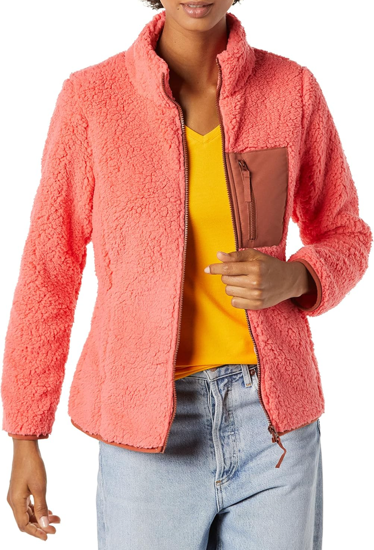 Amazon Essentials Women's Sherpa Long-Sleeve Mock Neck Full-Zip Jacket with Woven Trim  XXL