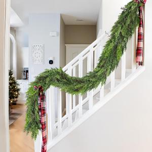 9 FT Christmas Cedar Garland, Thick Green Cypress Garlands, Real Touch Pine Garlands, Realistic Garland Christmas Decorations for Outdoor Indoor Table Mantel Railing Stair Porch Decor 