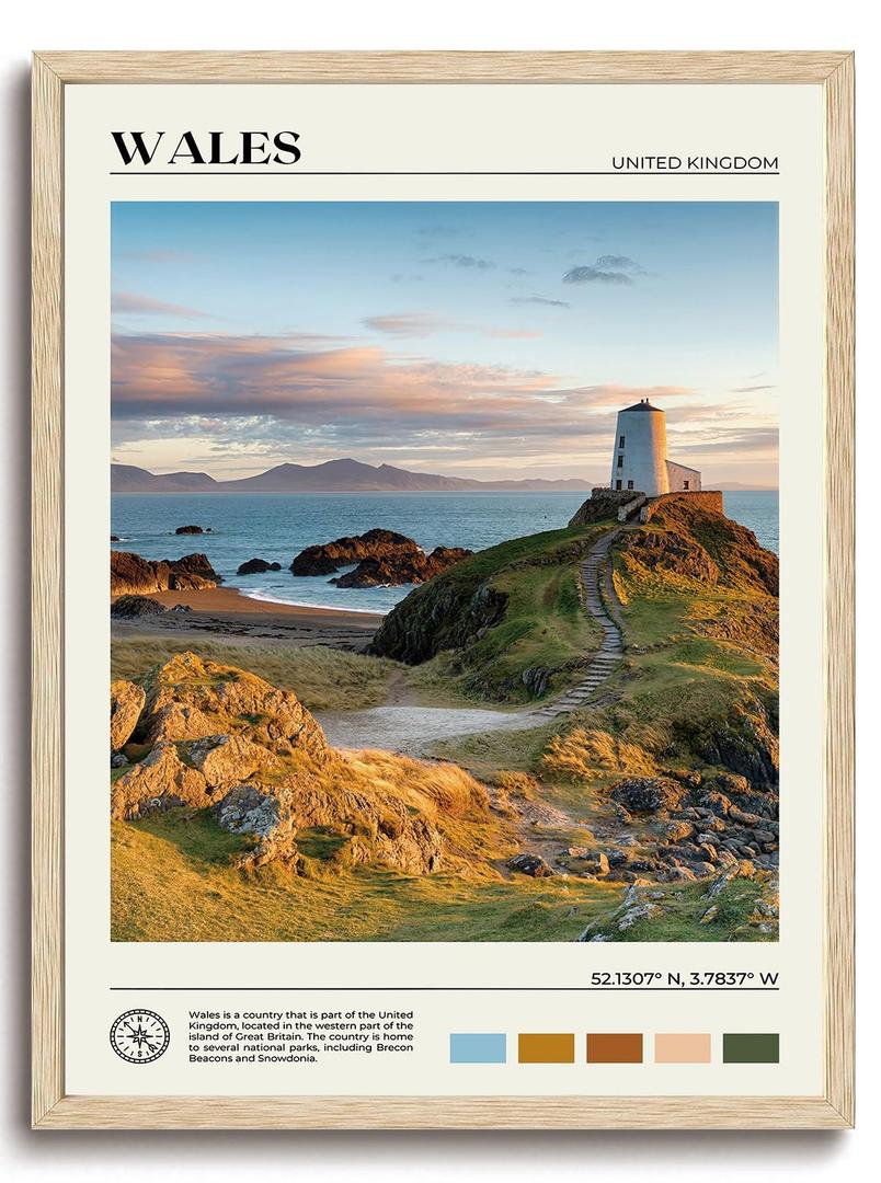 KISSFOX OAK Wood Framed Wall Art Wales Wall Decor Coastal Canvas Art Lighthouse Pictures Landscape Paintings Travel Posters Aesthetic Artwork For Bedroom Office Living room