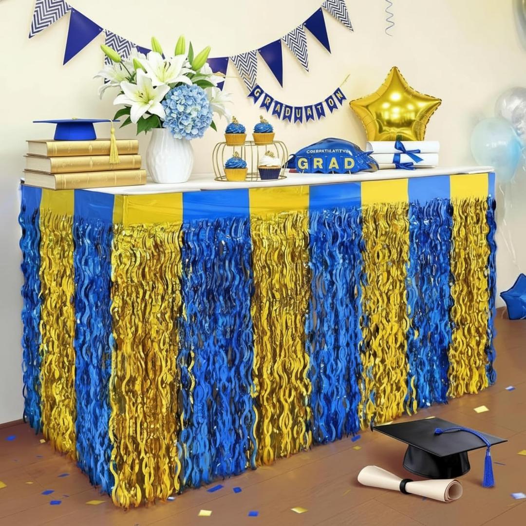 Oudain 2026 Graduation Party Decorations 2 Pack Blue and Gold Wavy Metallic Tinsel Foil Fringe Table Skirts for Prom and Grad Party Birthday Decor Rectangle and Round Table Supplies