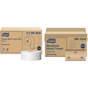 Tork Jumbo Toilet Paper Roll White T22 (Universal) and Tork Multifold Hand Towel Natural H2 (Universal)