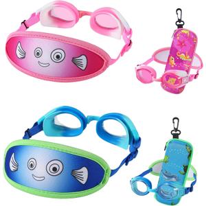 Kids Swim Goggles Age 2-6, Toddler Goggles No Hair Pull,Child Goggles Padded HeadBand (2pk Kids - Pink / Blue Fish)