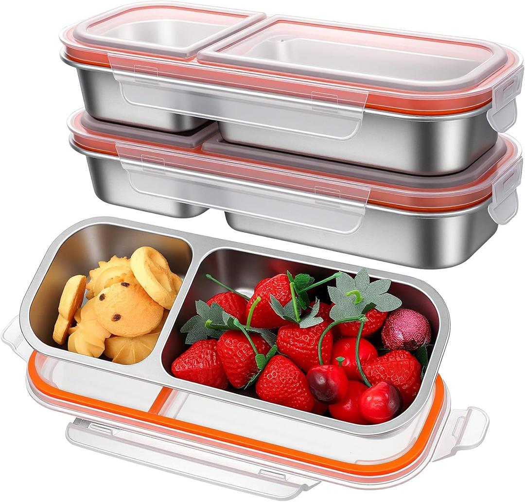 3 Pack Stainless Steel Snack Containers with Lids, Reusable 2 Compartments Snack Bento Box for Adults, Leak Proof Divided Snack Food Storage Containers for Home, Work, Travel, Grab and Go
