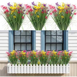 12 Bundles Artificial Flowers for Outdoors Fake Silk Flowers UV Resistant No Fade Plastic Flowers for Spring Summer Outside Garden Porch Window Box, Indoor Table Vase Home DecorYellow Rosered Purple (Colorful)