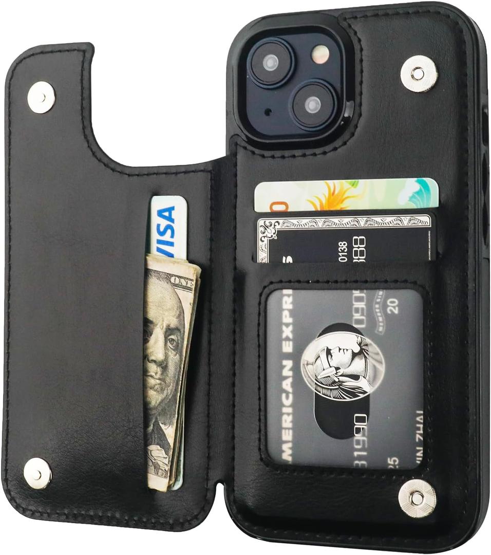ONETOP Compatible with iPhone 15 Wallet Case with Card Holder, PU Leather Kickstand Card Slots Case, Double Magnetic Clasp and Durable Shockproof Cover 6.1 Inch (Black)