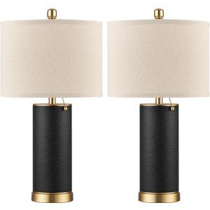 KDG 23.4" Black PU Leather Table Lamps for Living Room Set of 2, E26 Socket LED Modern Home Decor Fabric Lampshade Desk Lamp Lighitng for Bedroom, Bedside, Farmhouse, Nightstand, Night Light