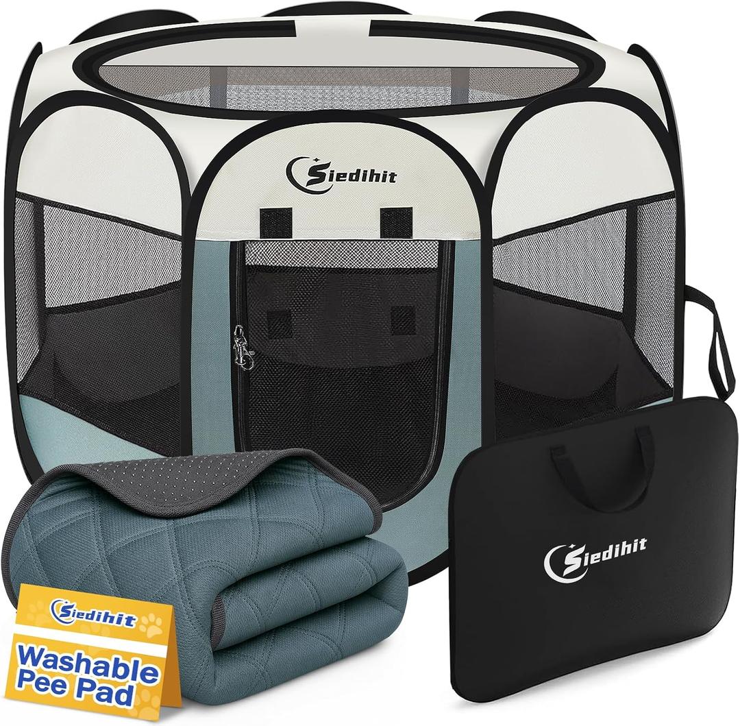 Siedihit Dog Pet Playpen Tent Crate Cage with Washable Pee Pad, Medium Grey