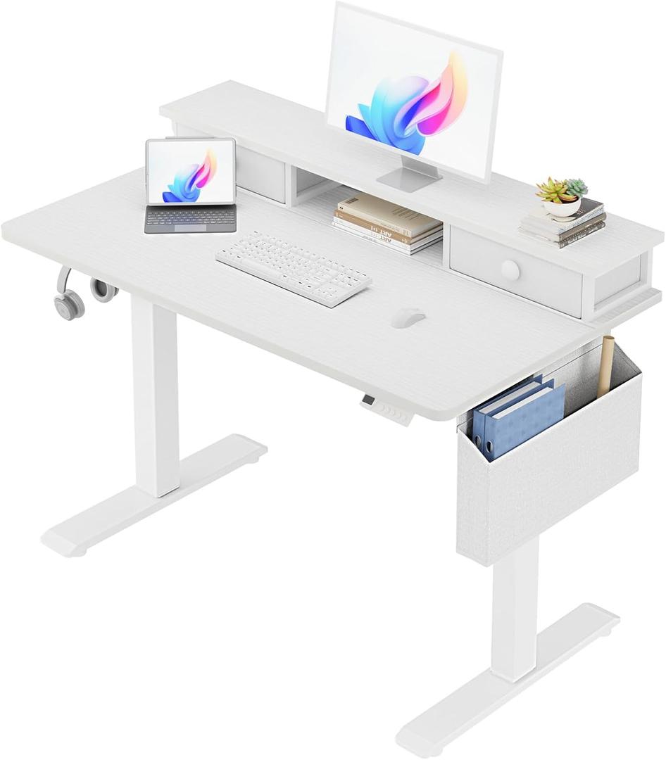 White Electric Standing Desk with Drawers - 40 Inch Small Standing Desk with Shelf Monitor Stand Storage Height Adjustable for Home Office, Study Writing Girls Computer Sit Stand Desks for Bedroom, 39.4''