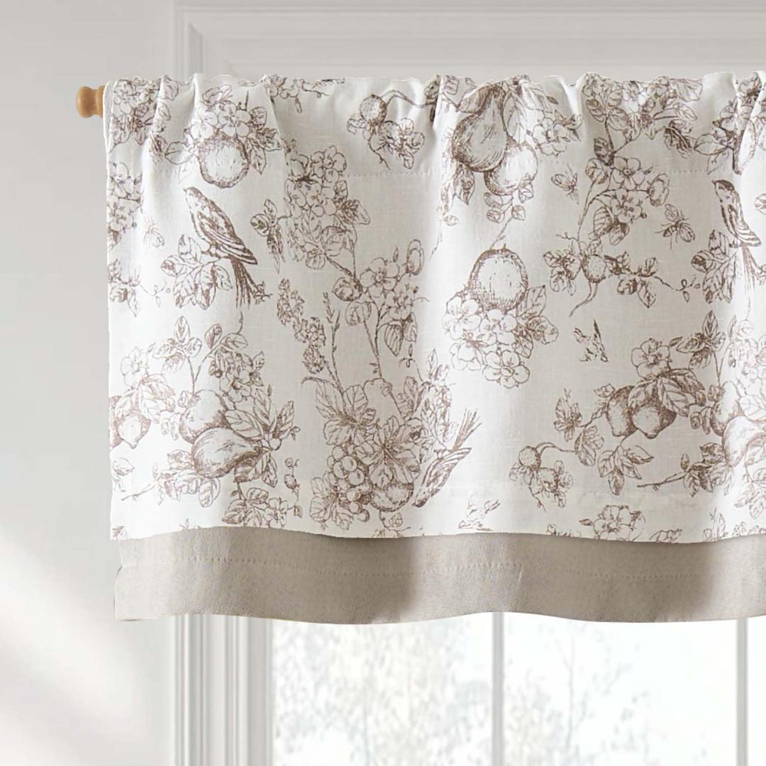 Vangao Linen Valance Curtain Double Layer Farmhouse Floral Small Window Curtain Light Filtering Valance for Kitchen Rustic Drape for Living Room Bedroom 16 Inch Rod Pocket 1 Panel Taupe on Beige