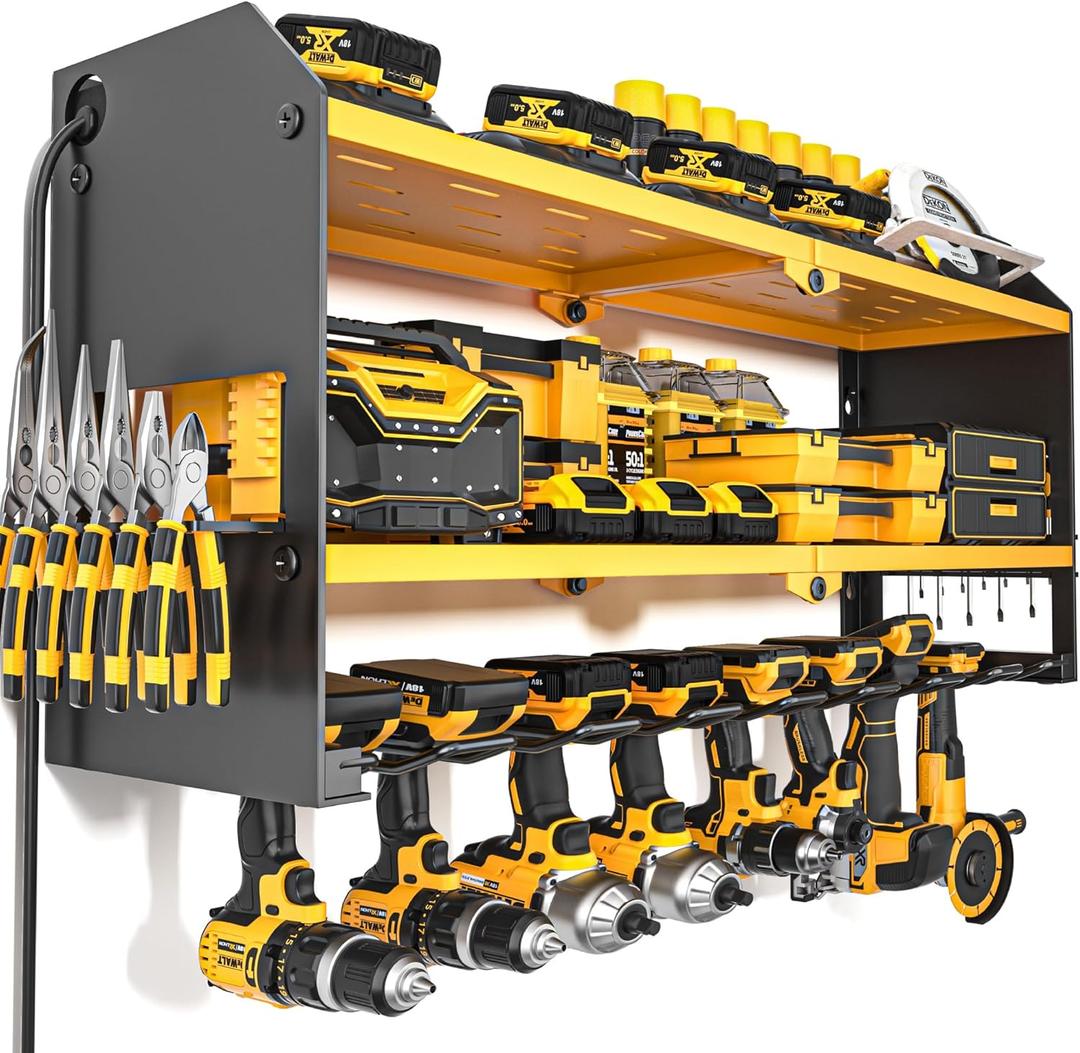 YYR Power Tool Organizer with Charging Station Wall Mount, Cordless Drill and Battery Holder for Garage Organization, Electric Tools Storage Rack Build in Surge Protection Power Strip - Yellow Shelf