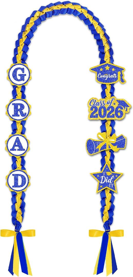 2026 Graduation Leis with Glitter Pins 2026 Grad Decorations Handmade Double Braided Satin Lei for Class of 2026 Graduate Her Him High School College Grad Party Supplies - Blue Gold