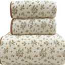USTIDE 3 Piece Bath Towel Set, Soft Coral Fleece Bathroom Towels with Vintage Floral Print - Includes 1 Bath Towel & 2 Hand Towels, Highly Absorbent & Decorative, White