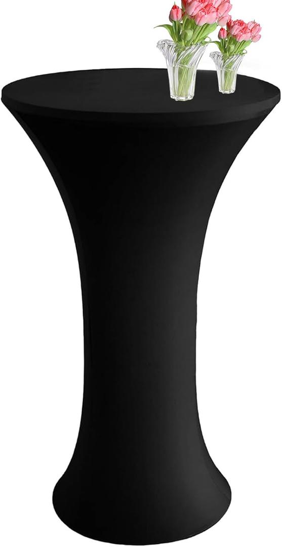 Round 24 x 43 Inch Highboy Spandex Cocktail Tablecloth Black- Fitted Cocktail Elastic Table Covers, Protective, Reusable, Wrinkle Resistant, Spring Decor for Party, Pub, Banquet, Bistro, Bar (1pcs)