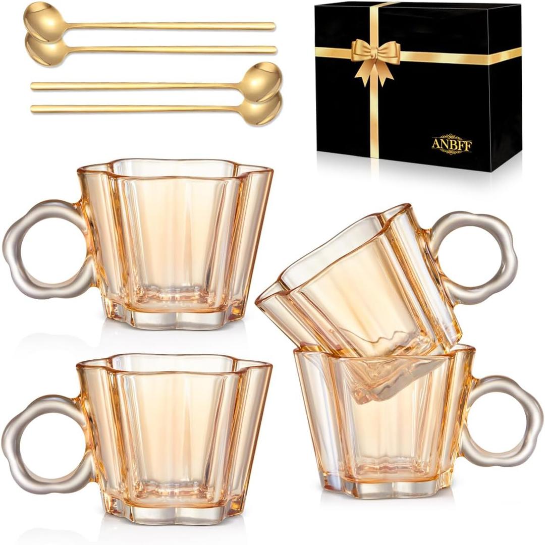Vintage Glass Coffee Mugs Set of 4, 11oz Creative Flower Glass Coffee Cups with Spoons - Cute Tea Cups with Handle, Art Glassware, Unique Birthday Gifts (Amber)