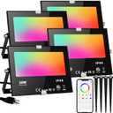 LED Flood Lights RGB Color Changing 300W Equivalent Outdoor, 30W Bluetooth Smart RGB Floodlight APP Control, 2700K&16 Million Colors for Garden Stage Lighting 4 Pack with Metal Ground Spikes Stakes