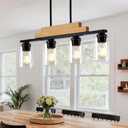 4-Light Linear Chandeliers for Dining Room Hanging, Farmhouse Dining Room Light Fixture Over Table, Black Pendant Kitchen Island Lighting, Wood Ceiling Light Fixture with Clear Glass Shade