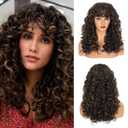 Flufymooz Curly Wig with Bangs for Black Women, 20 Inch Deep Brown with Auburn Curly Gorgeous Shag Hair Wig, Kinky Curls with Wispy Bangs Heat Resistant Soft Synthetic Wig for Women Party Cosplay