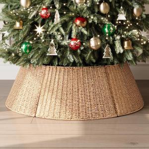 4-Piece Large Rattan Christmas Tree Collar, 34" Handmade Woven Christmas Tree Ring, Xmas Tree Base Cover, Large Holiday Tree Skirt Accessory for Home, Living Room (Pure Natural)