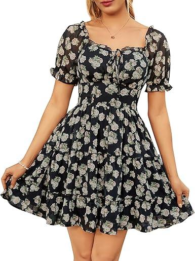 Scarlet Darkness Floral Corset Mini Dress Women Teen Summer Off Shoulder Dress Graduation Sundress with Pockets Black Beige L