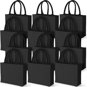 Reginary 12 Packs Black Burlap Tote Bags Jute Tote Wedding Bridesmaid Welcome Grocery Burlap Gift Bags with Handles Bulk Blank Shopping Kitchen Reusable for Market Beach DIY, 12.2 x 3.94 x 9.84 Inch
