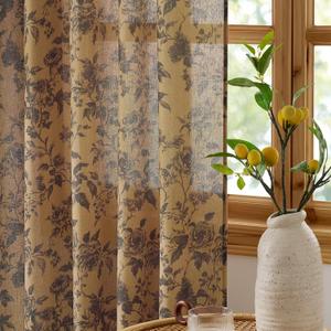 NICETOWN Linen Blend Autumn Curtains with Ink Peony Print on Earth Brown, Back Tab & Rod Pocket Window Treatments for Bedroom, Farmhouse, Semi-Sheer Botanical Floral Drapes, W52 x L84 in, 2 Panels