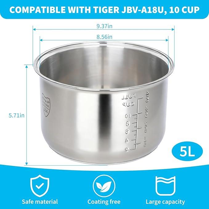 Baderke 304 Stainless Steel Inner Pot Compatible with Zojirushi NS-TSC10 and Tiger JBV-A10U Rice Multi-cooker (5.5 Cups) 3L Inner Bowl Replacement Pot Rice Cooker Stainless Steel