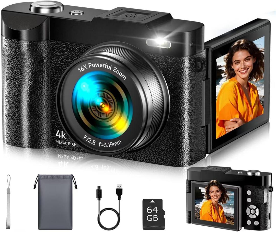 4K Digital Camera for Photography- 48MP Autofocus Vlogging Camera with 2.8" 180 Flip Screen, 16X Digital Zoom- Compact Point and Shoot Camera with 64GB SD for YouTube, Travel, Beginners