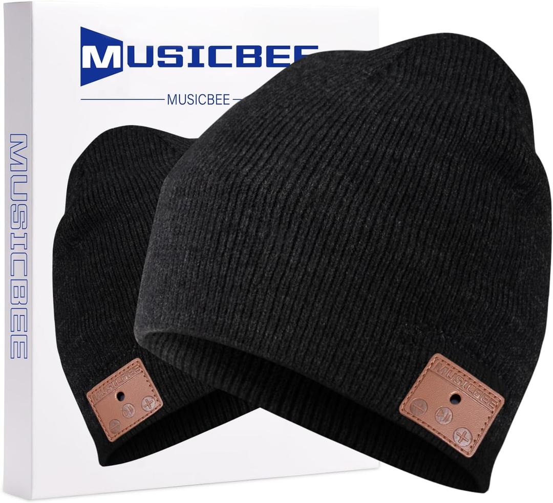 beanie Bluetooth, MUSICBEE Bluetooth V5.2 Wireless Knit Winter Cap, 30 Hour Play time, Built-in Microphone and HD Stereo Speakers(Black