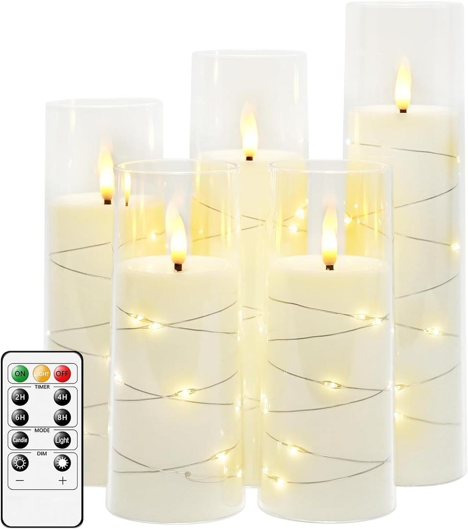 kakoya Flameless LED Candles with Timer 5 Pc Flickering Flameless Candles for Romantic Ambiance and Home Decoration Stable Acrylic Shell,with Embedded Star StringBattery Operated Candles, White