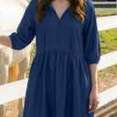 Dokotoo Denim Dress for Women Short Puff Sleeve V Neck Solid Babydoll Jean Dresses (Blue, M)