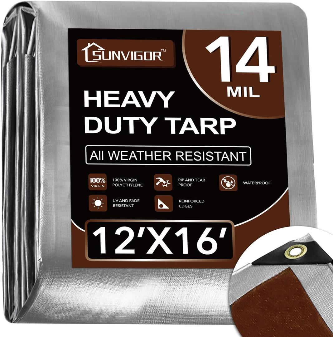 Sunvigor Tarp Waterproof 12x16Ft, Heavy Duty Tarp Cover Extra Thick 14 Mil Tear and UV Resistant, Outdoor Tarps with Grommets and Reinforced Edges for Roof, Camping, Patio, Pool, Boat (Sliver/Brown 14mil)