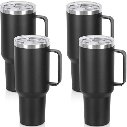Temolulu 4 Pack 40 Oz Tumbler with Handle and Straw, Stainless Steel Double Wall Vacuum Insulated Cup, 40 OZ Travel Coffee Mug Bulk with Silicone Water Bottle Boot (Black)