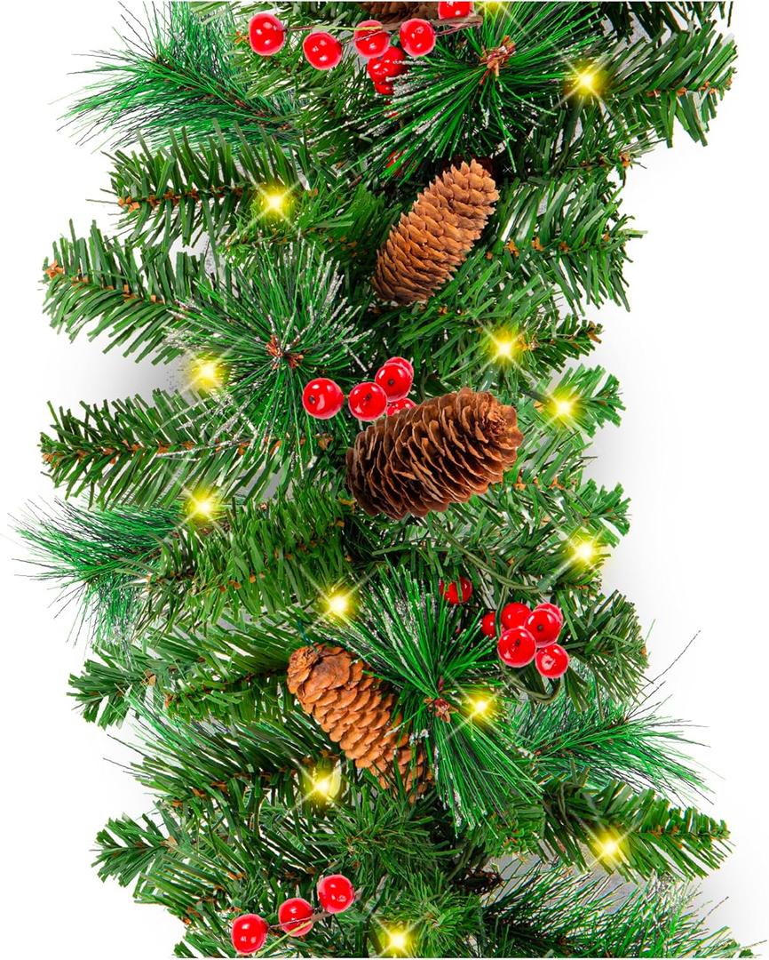 Best Choice Products 9ft Pre-Lit Holiday Pre-Decorated Christmas Garland for Stairs, Fireplace, Decoration w/PVC Tips, 50 Lights, Pine Cones, Berries - Unflocked