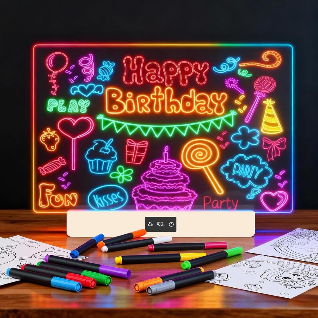 Rechargeable Led Drawing Board with 8 Colors, 16-Inch Light Up Acrylic Dry Erase Board with 12 Markers, Light Up LED Note Board with Built-in Stand, Sketching Gift Toy for Kids/Girls/Teens (Beige)