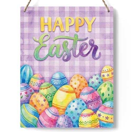 Happy Easter Door Decorations Easter Eggs Bunny Decor Signs Spring Easter Door Hanger Sign Plaque for Wall Home Window Farmhouse Indoor Outdoor Spring Decorations 8 X 10 Inch