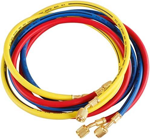 Uenede 3PCS Refrigerant Charging Hose 60" Length 600-3000PSI 1/4" Thread Fits for R12 R22 R134A 404 502 Car Air Conditioning and HVAC Charging Manifold Gauge Hose Tube Red/Yellow/Blue Three Colors