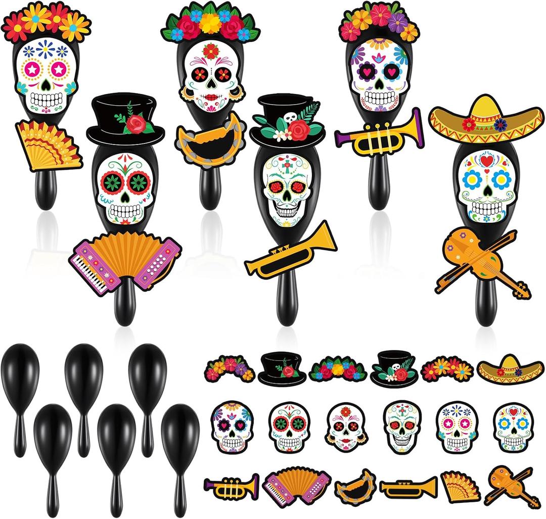24 Set Day of The Dead Maracas DIY Craft Kit Mini Unfinished Day of The Dead Noisemaker Bulk Dia De Los Muertos Decoration Maracas Party Favor for Instrument Musical Theme Event
